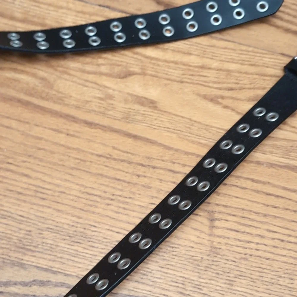 Double Grommet Belt Black 42 Genuine Leather Double Prong Silver Buckle